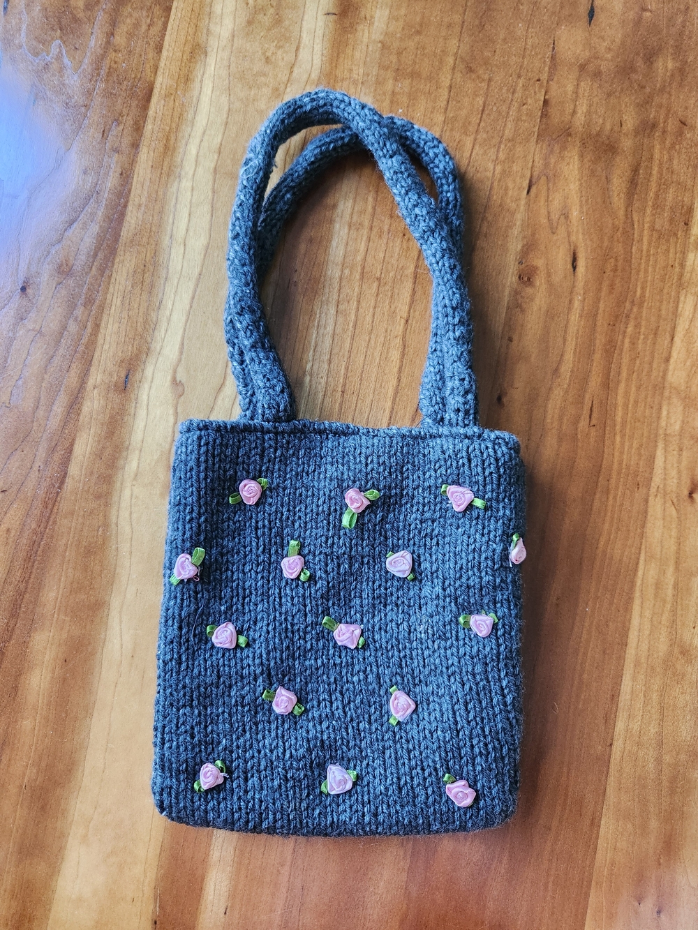 Arizona Jean Company Gray Knit Mini Tote with Pink Rose Accents